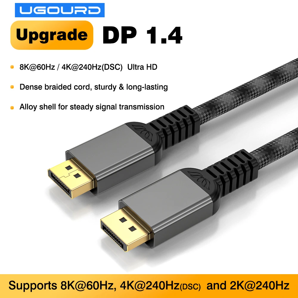 Фото Кабель UGOURD New Upgrade DP 1.4, 8K60Hz, 4K, нейлоновый, черно-серый, в оплетке, DisplayPort 1.4, HDR, G-Sync, с защитой из жести, 1м/3м/5м №1