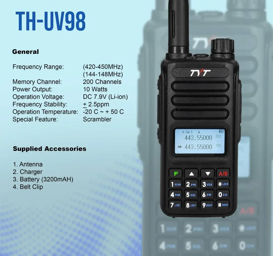 Фото TYT TH-UV98 двухсторонняя радиосвязь мощностью 10 Вт двухдиапазонный УВЧ СВЧ точечный TYT TH-UV98 двухсторонняя радиосвязь мощностью 10 Вт двухдиапазонный УВЧ СВЧ точечный