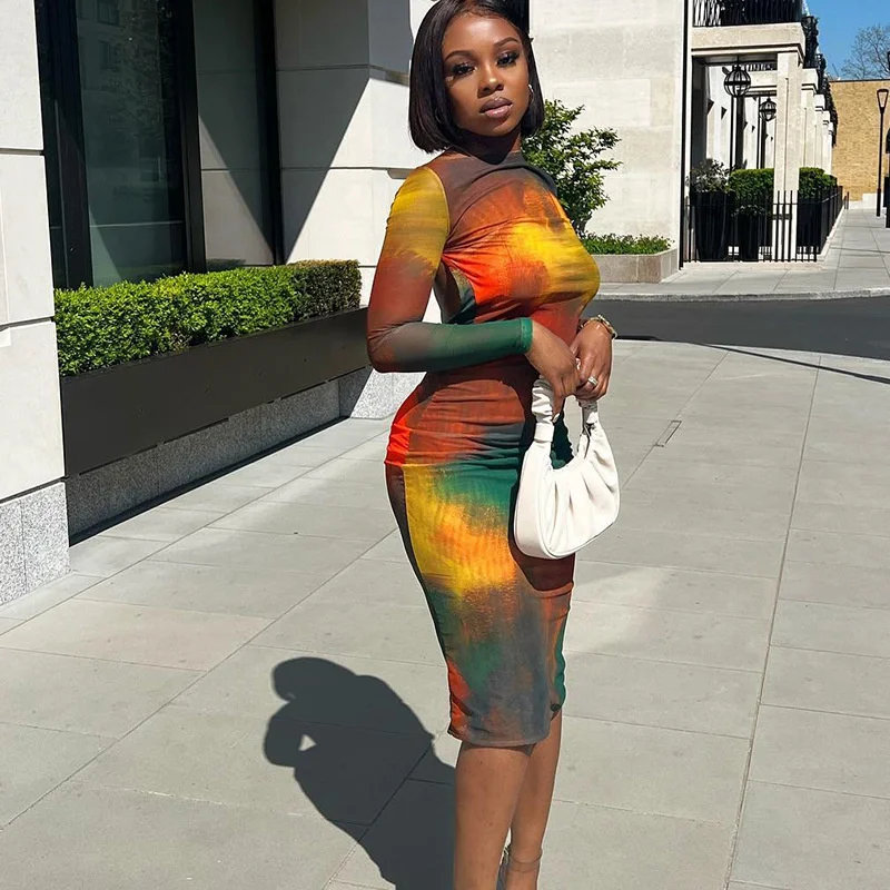 

Летняя женская сексуальная одежда Zoctuo Y2K, обтягивающее платье средней длины с принтом на завязках, длинными рукавами и открытой спиной, одеж...