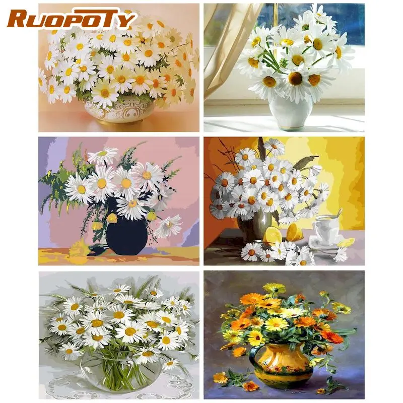 

RUOPOTY Paint By Number daisy Wall Art DIY Frame Picture By Numbers Flowers Acrylic Canvas Painting For Decoration 60x75cm
