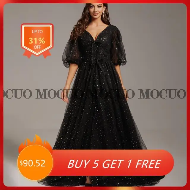 

Black Stars Sequined Shining Evening Dress Short Puffy Sleeves V-Neck Lace-Up Back Prom Party Gowns 2022 for Women