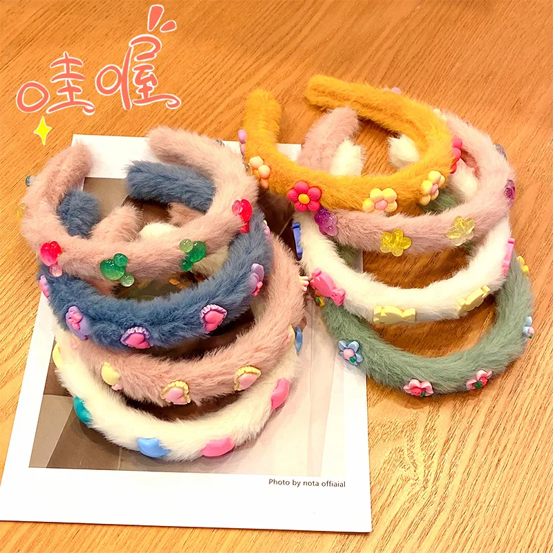 

Повязка на голову женская из искусственного меха, модная Милая хлопковая лента для волос с медведем, звездой, сердцем, цветком, аксессуары д...