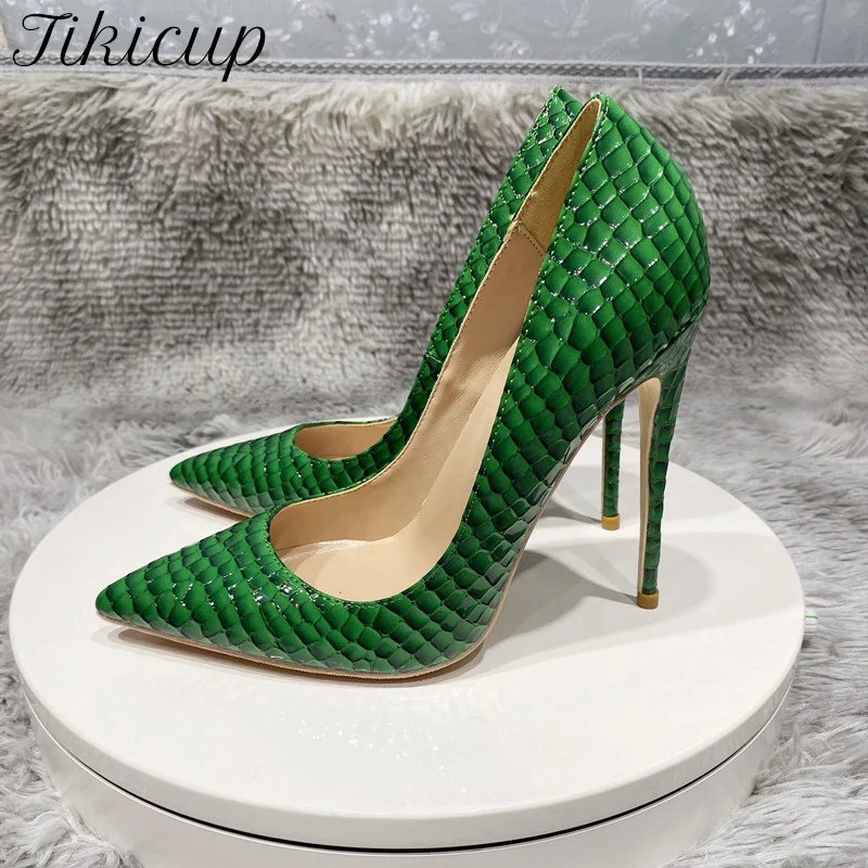 

Tikicup Green Crocodile Effect Women Sexy Pointy Toe High Heel Party Dress Shoes 8cm 10cm 12cm Slip On Stilettos Pumps Plus Size