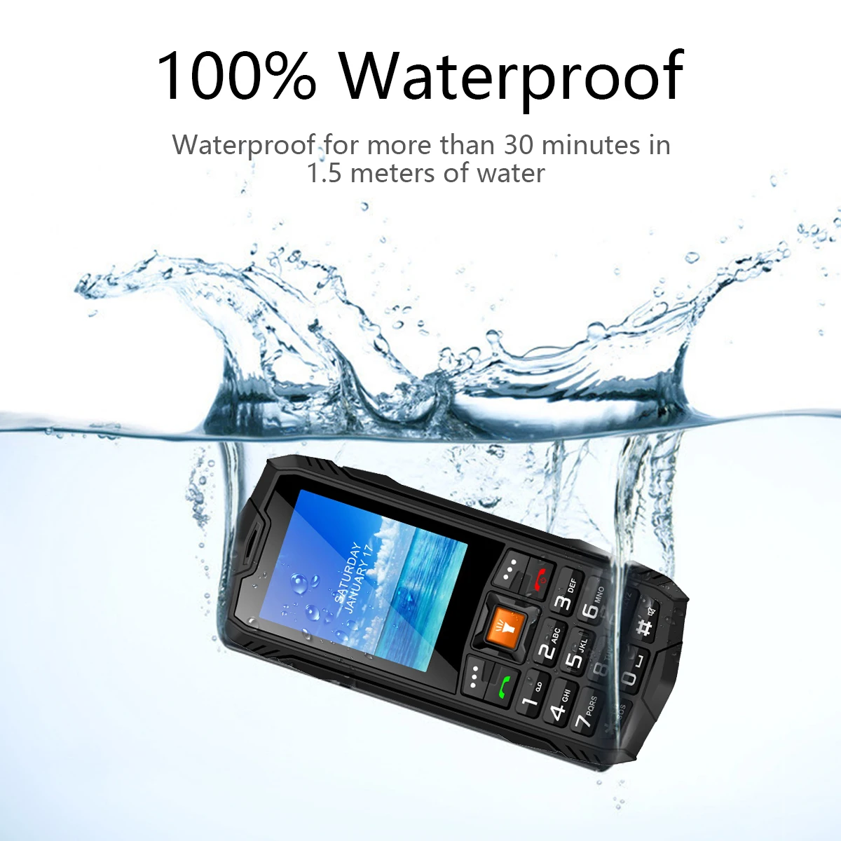 EAOR 4G Feature Phone IP68 Dust/Waterproof Big Battery Dual SIM Rugged Cellphone Push-Button Bar Phone with Glare Flashlight