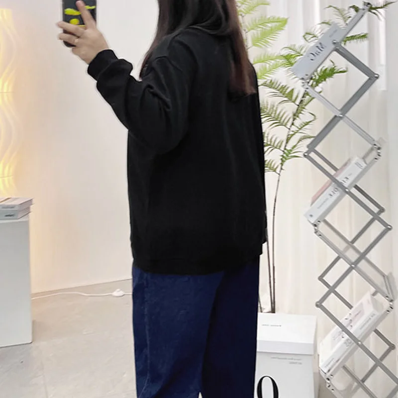 Autumn Winter Plus Size Solid Casual Women Top Korean Crew Neck Slit Long Sleeve Adding Velvet Without Pilling Loose Sweatshirts
