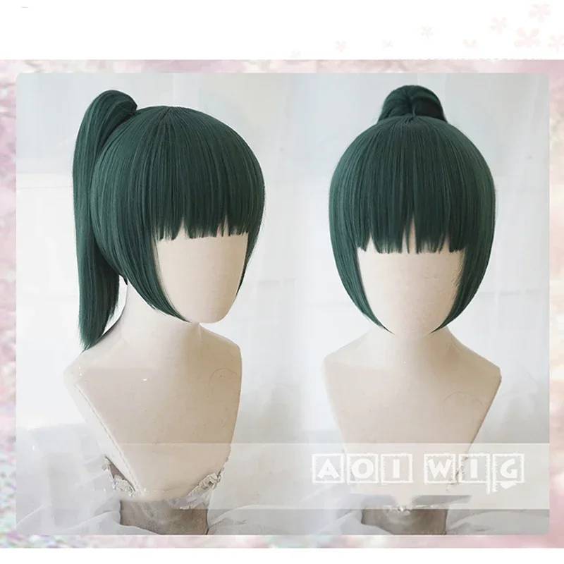 Аниме дзюдзюцу кайсен Маки Зенин темно-зеленый парик с хвостиком косплей костюм