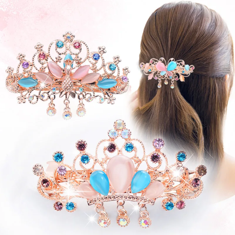 

New Korean version of the crown crystal pendant tassel spring hairpin butterfly top clip elegant female fashion hair accessories