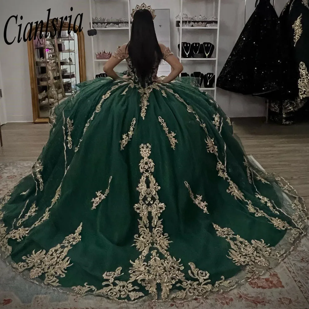 

Изумрудно-зеленые платья для Quinceanera, классическое бальное платье с открытыми плечами, вышитое бисером, мексиканская принцесса, милое платье для выпускного вечера 16