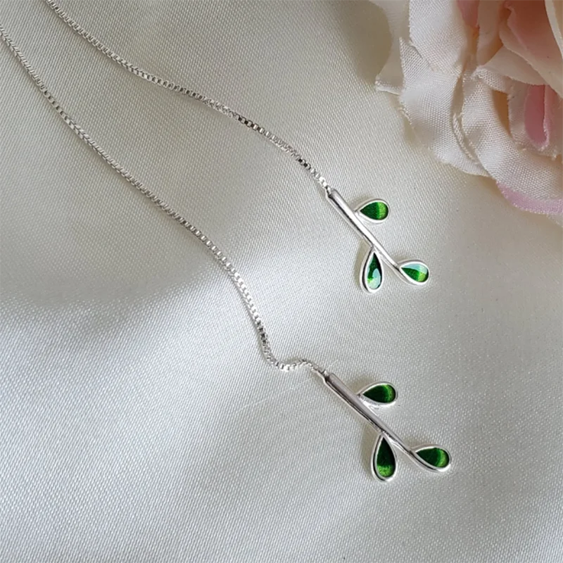 

GREEN ENAMEL LEAF THREADER EARRINGS for Women Long Dangle Drop Ear Accessories Minimalist Jewelry Style Earrings for Women Leave