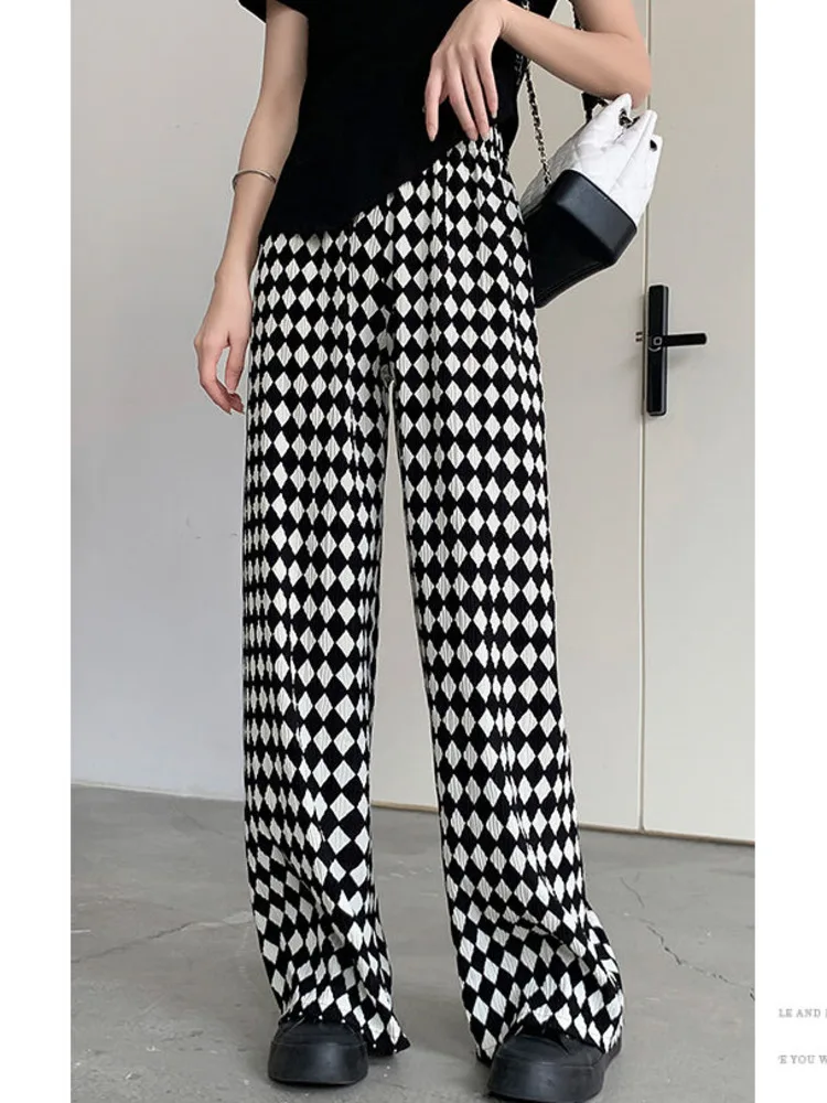 

Black White Checkerboard Plaid Long Pants Female Korean Casual Street High Waist Trousers Ice Silk Straight Loose Wide Leg Pants