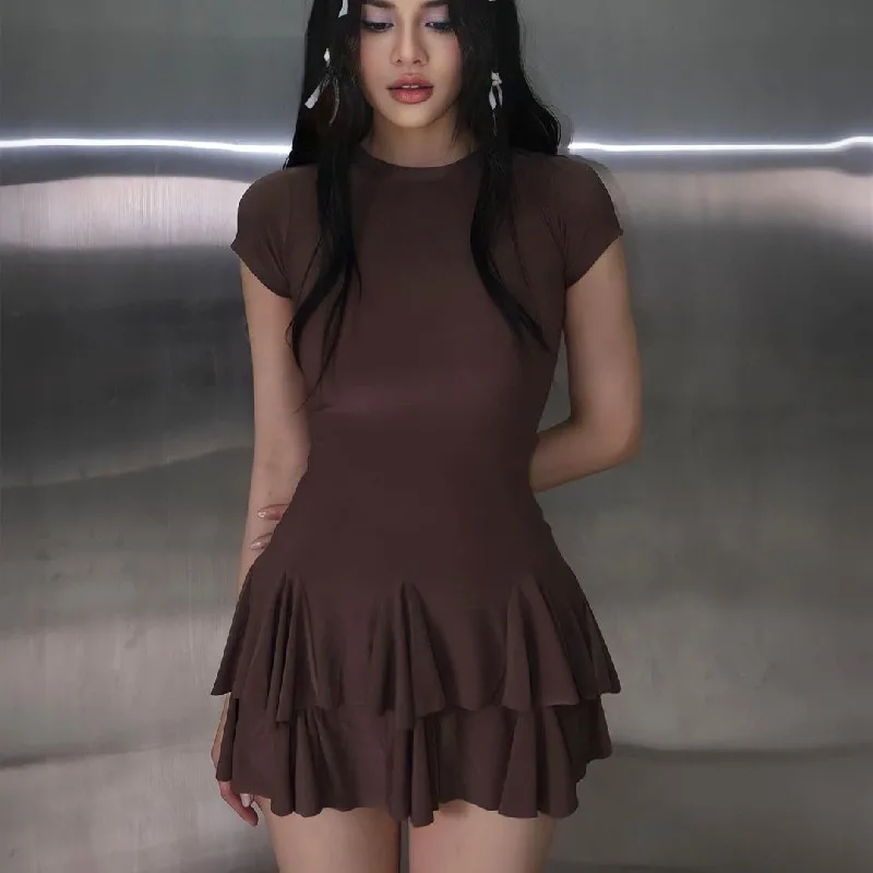 

Women Summer Mini Dress Sexy Short Sleeve Ruffles Brown Dresses O-Neck Preppy Style Sweet Dresses dress vestidos para mujer
