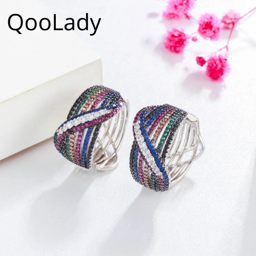 

QooLady роскошные микро паве смешанных цветов CZ камень серебряные цвета геометрические Многослойные Круглые Большие женские серьги-кольца ун...