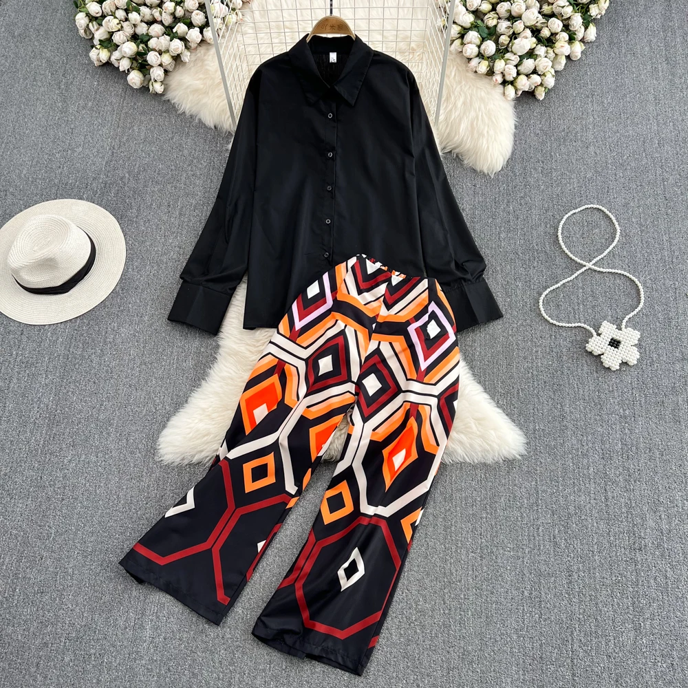 

SuperAen Women's New Geometric Printing Long Sleeve Loose Shirt Jacket High Waist Straight Wide Leg Pants Women Two Pieces Sets