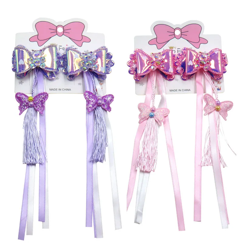 

2PCS/Card Cute Bears Elegant Baby Girls Clips Net Yarn Bow Child Tie Knot Creativity Tassel Hairpins Hair Accessories For Kids
