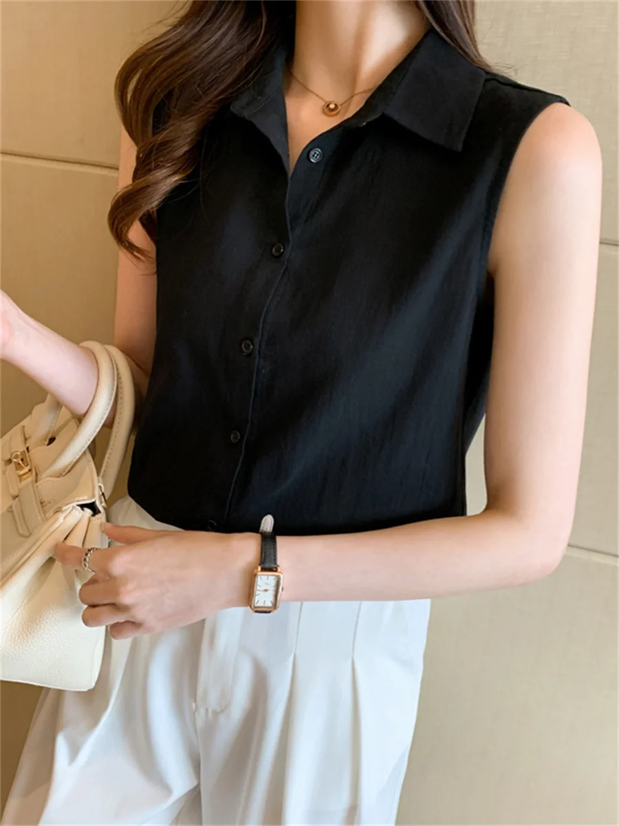 Sleeveless Chiffon Shirts Women Summer 2024 New Elegant Lapel White Shirt Loose Western Sle Base Vest Top
