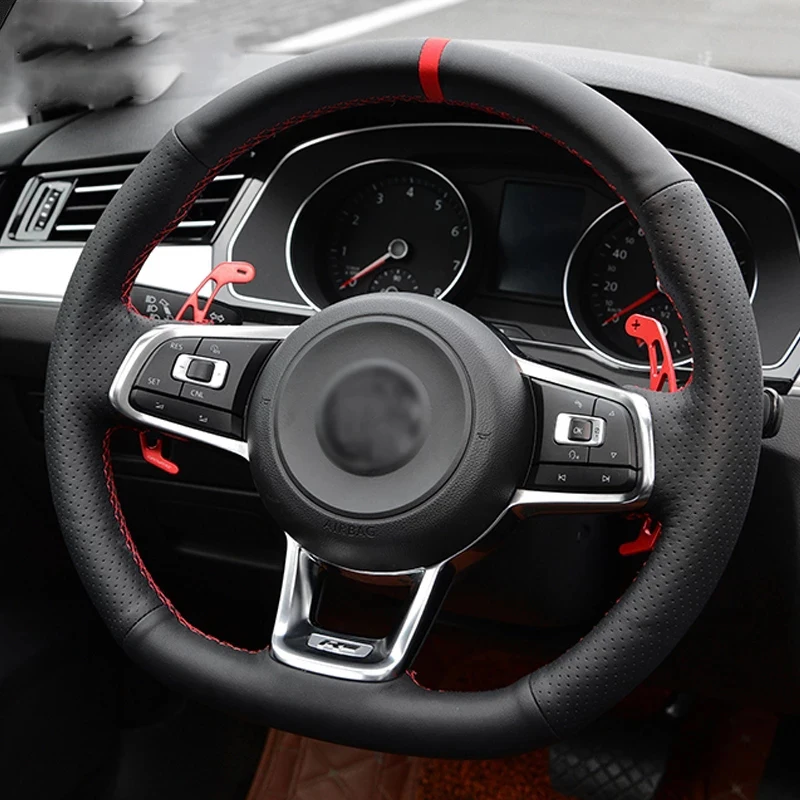 

Car Steering Wheel Cover Black Genuine Leather Braiding For Volkswagen VW Golf 7 GTI Scirocco Polo GTI Up GTI Tiguan R-Line
