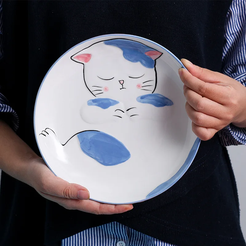 

Creative Japanese Style Hand-painted Cartoon Pet Dish Cute Cat Ceramic Bowl Rice Soup Bowl Sushi Pastry Plate Dinnerware