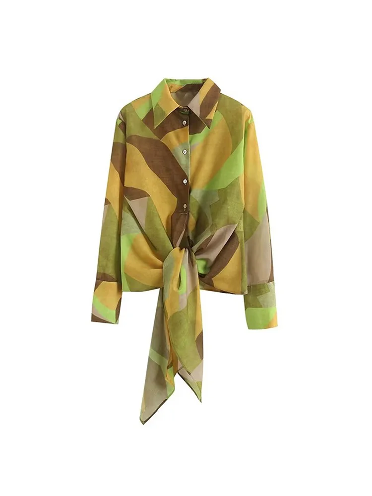 

Женская блузка на завязках BM & MD & ZA, винтажная блузка с геометрическим узором, отложным воротником и длинным рукавом, на пуговицах, 2022