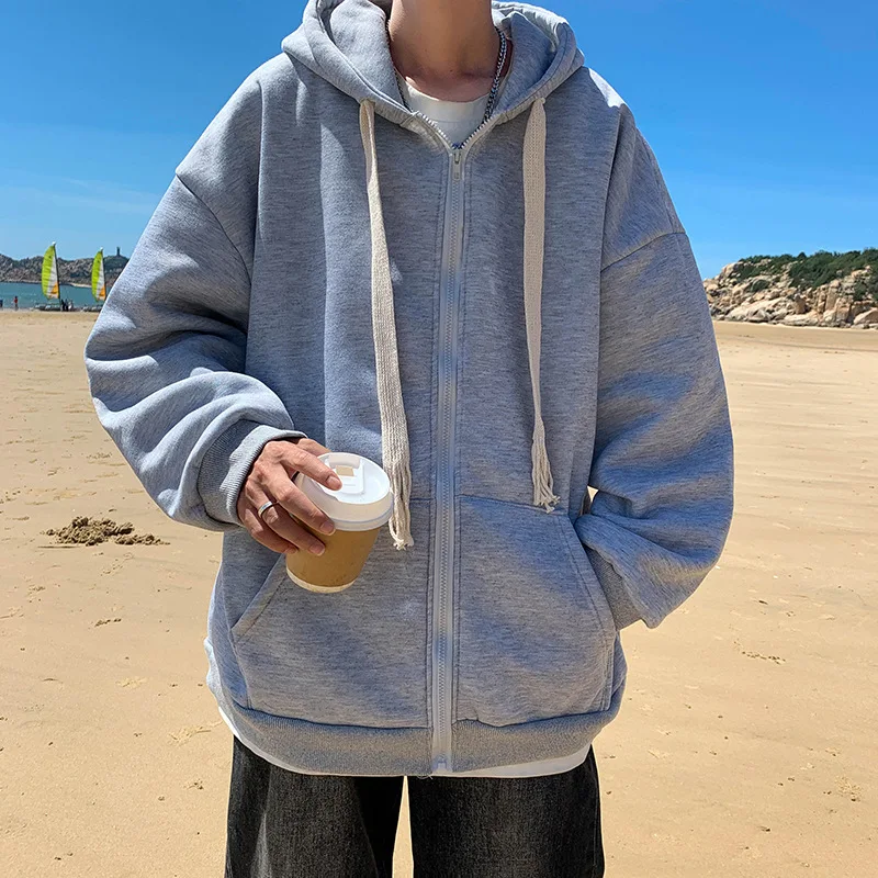 

ZCSMLL Solid Color Hooded Fleece Zipper Sweatshirts Men's Autumn and Winter Korean Loose Long Sleeve Hoodies Cardigan New Tide