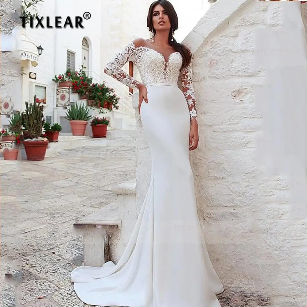 

YEEH Mermaid Lace Full Sleeves Wedding Dress Lace Appliques Elegant O-Neck Bridal Gown Satin Illusion Back Vestidos De Novia