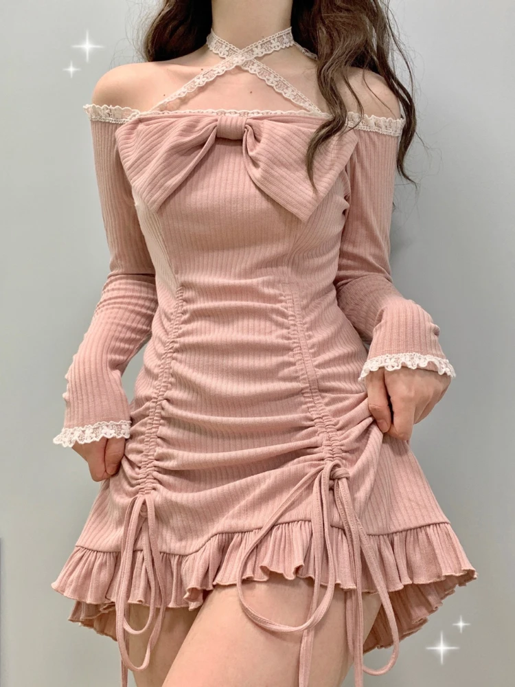 

Korean Style Party Mini Dresses Women Japanese Off Shoulder Sexy Kawaii Dress Female Long Sleeve Lace Kawaii Lolita Dress Autumn