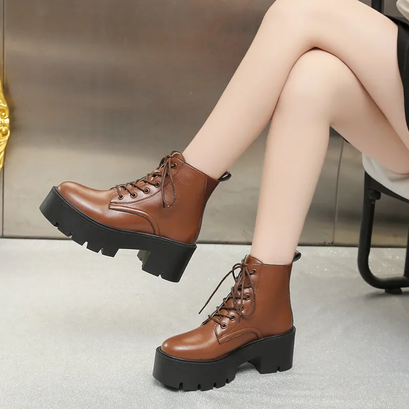 New Autumn Winter Brown Black PU Leather Ankle Boots Women Round Toe Lace Up Shoes Woman 2022 New Motorcycle Platform Boots