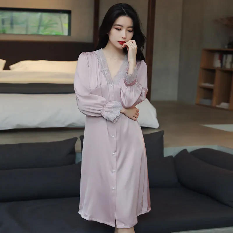 

Women Sexy Lace Trim Nightgown Cardigan Bud Sleeve Sleepshirts Spring Summer Thin Nightdress M-XL Underwear Home Dressing