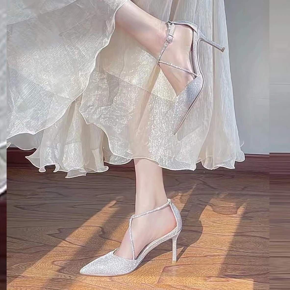 Summer Women Elegant Thin 7cm Heels Sandals Office Lady Dress Shoes Buckle Metal Chain Beauty Woman Pumps