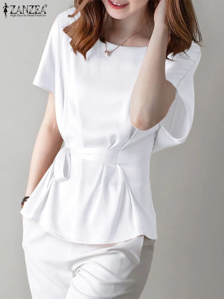 

Блузка ZANZEA Женская атласная с коротким рукавом, модная повседневная элегантная рубашка с завязкой на талии, с круглым вырезом, голубая, на лето