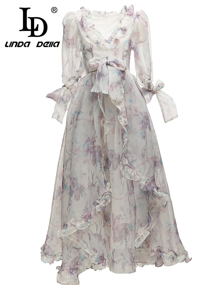 

Женское винтажное платье LD LINDA DELLA, длинное платье с высокой талией и v-образным вырезом, праздничное платье с бантом