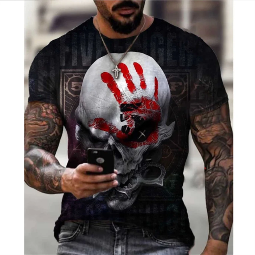 

Футболка мужская в европейском и американском стиле, тонкая Свободная рубашка с цифровым 3D-принтом черепа ада, с коротким рукавом, летняя одежда