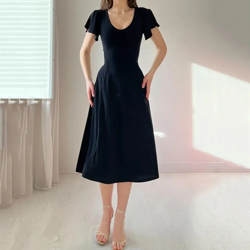 

Fashion Party Dress Thin Comfy Pure Color Loose Hem Summer Dress Breathable Women Dress Streetwear