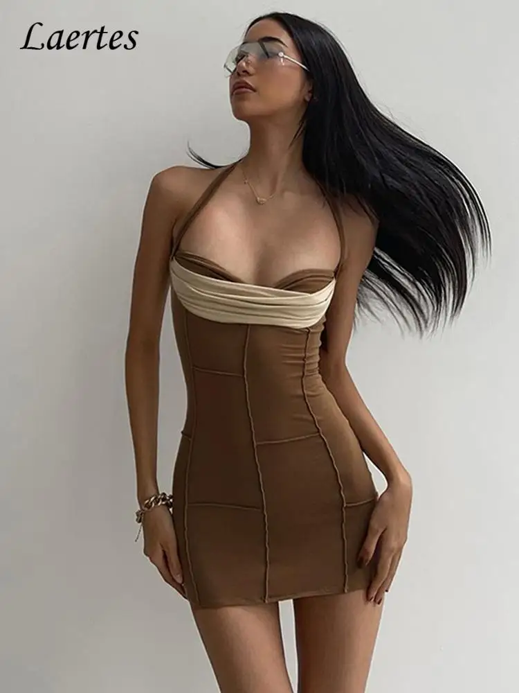 

Laertes Y2K Fashion Patchwork Halter Neck Mini Dress Women Sexy Sleeveless V Neck Ruched Bodycon Dresses 2022 Summer Party Club