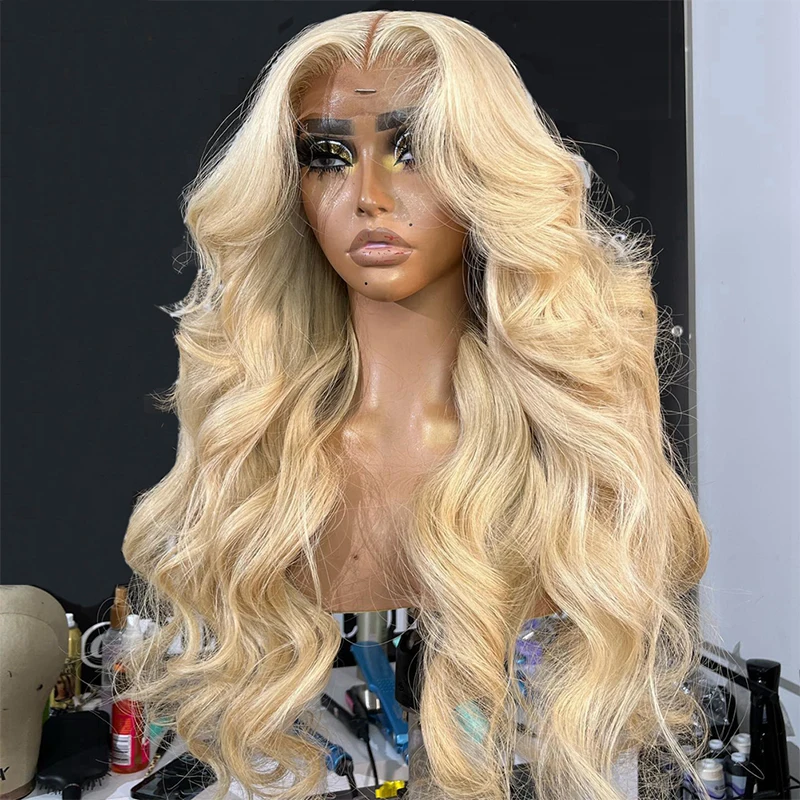 Blonde Water Wave Mixed Blend Lace Front Human Hair Wig For Women Pre Plucked With Baby Hair 13x4 Transparent Lace Glueless Wig