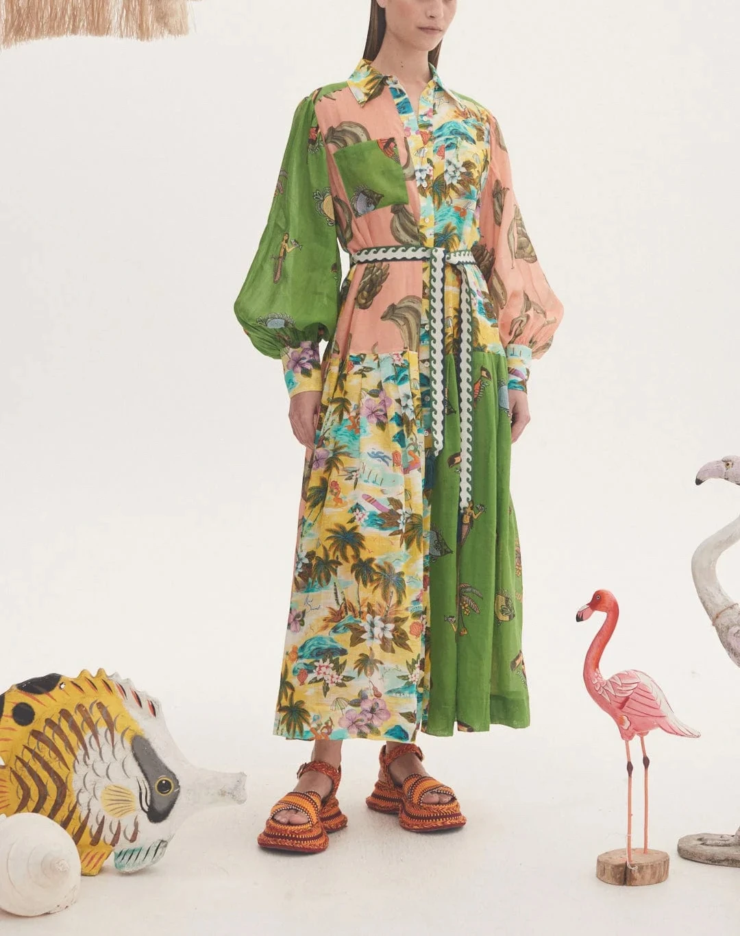 

New Arrival 2023 High Quality Solid Ramie Yellow Pink Green Patchwork Floral Print Long Sleeve Belt Midi Loose Dresses Women