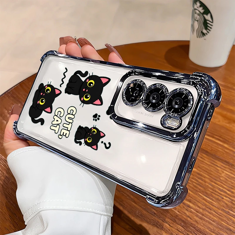 Фото Пылезащитный чехол для телефона OPPO Realme C100i C85 Pro C75 C71 C65 C55 C53 C35 C33, прозрачный силиконовый чехол с изображением черного кота. №1