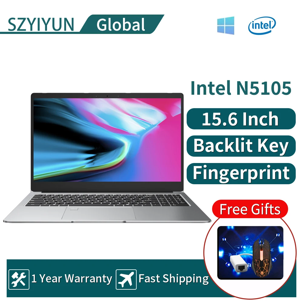 15.6 Inch Intel N5105 Laptop 16GB RAM 1024GB SSD Slim Business Notebook Computer Backlit Key Netbook Fingerprint Ultrabook PC