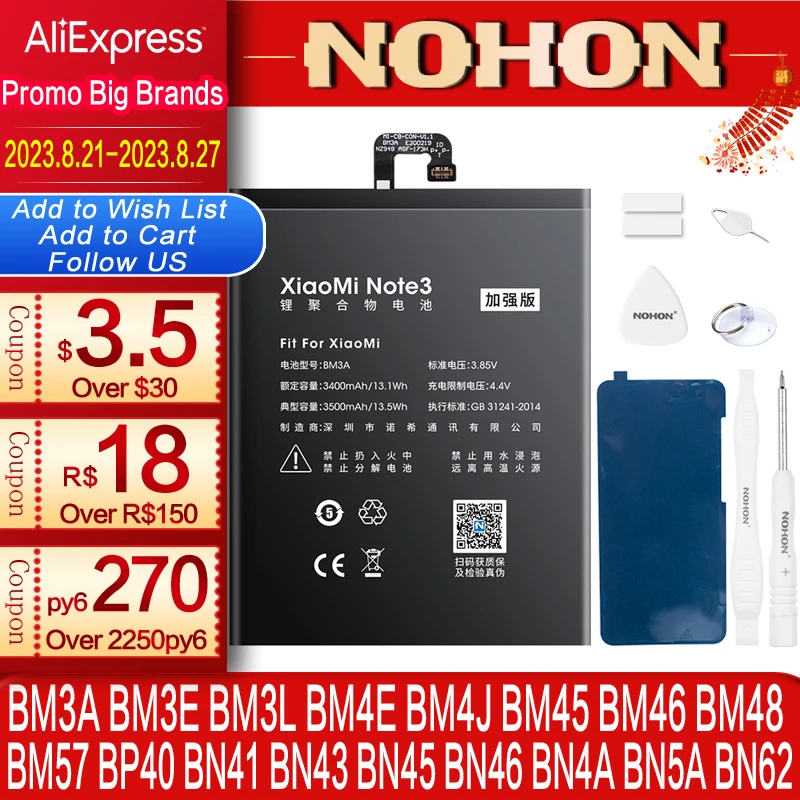 Сменный аккумулятор NOHON для Xiaomi Mi Note Pro 2, 3, BM3A, BM48, BM34, BM21, литий-полимерный, инструменты в комплекте
