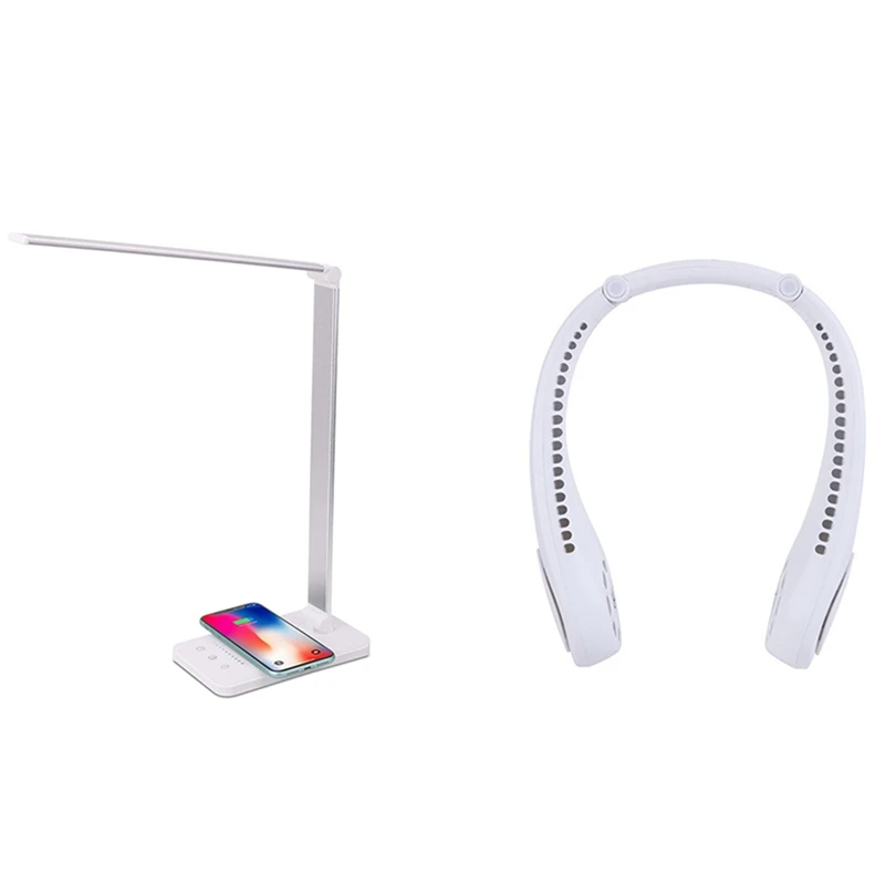 

HOT Bluetooth Neck Fan,Portable Neck Fan White & LED Desk Lamp With Wireless Charger, USB Charging Port