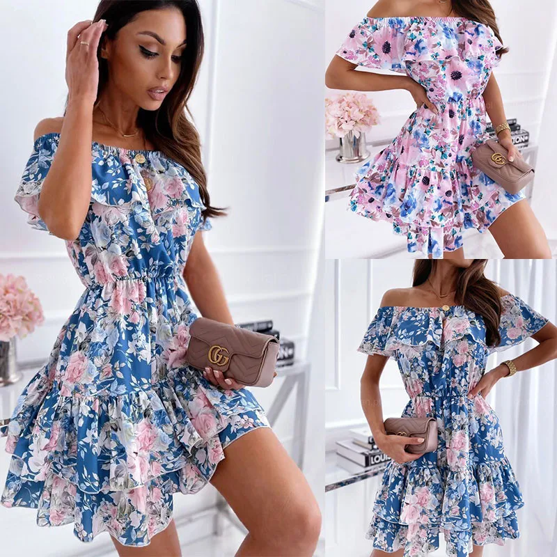

2022 Summer Womens Dress High Waist Short Skirt Floral Print Off Shoulder Short Sleeve Elegant Dresses Women Party Strawberry