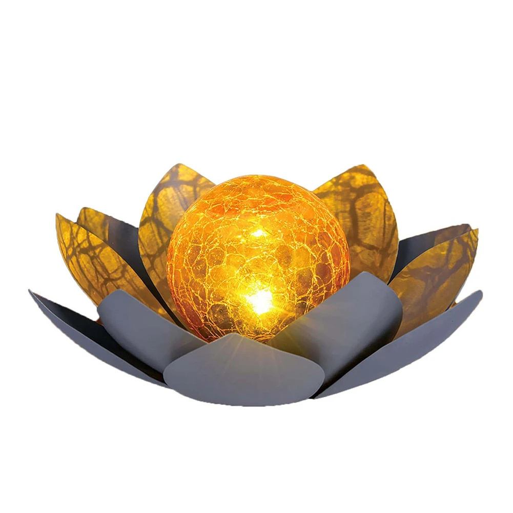 

Уличное садовое украшение на солнечной батарее, янтарный трещинный шар, стеклянный Лотос, водонепроницаемый серый металлический цветок, Фотофон (серый)