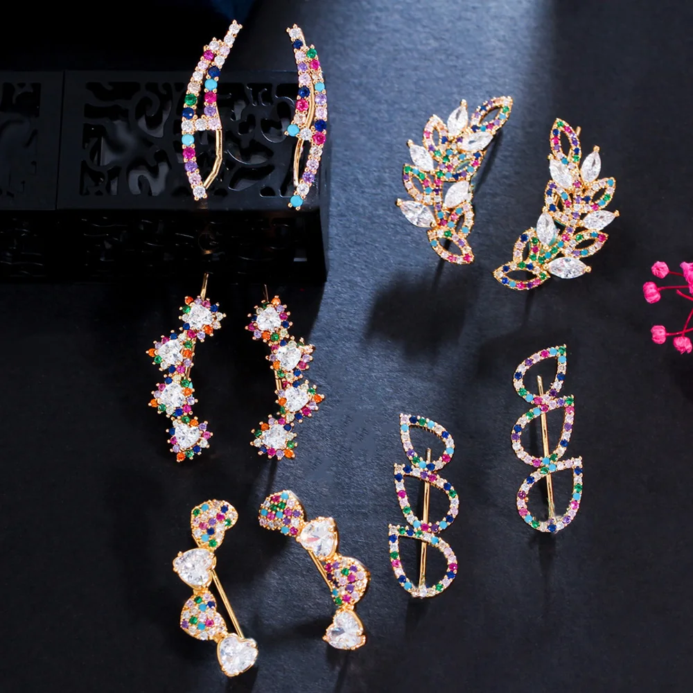 

Женские серьги-пусеты CWWZircons, серьги-гвоздики с разноцветными радужными Фианитами, модные ювелирные изделия с перьями, CZ219