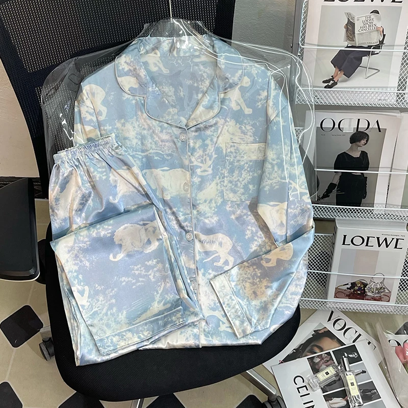 Autumn Ice Silk Pajamas Women's Long-sleeved Trousers Two-piece Set Ladies Silk Luxury Casual Home Wear Thin Loose Sexy Suit