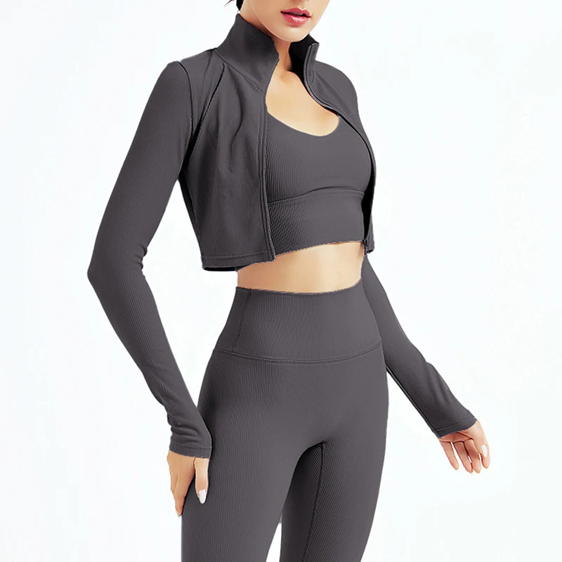 

3PC Set Luxury Women Fitness Clothes Ribbed Yoga Zipper Sport Coat Gym Bra High Waist Leggings Suit Tracksuit Ropa De Mujer