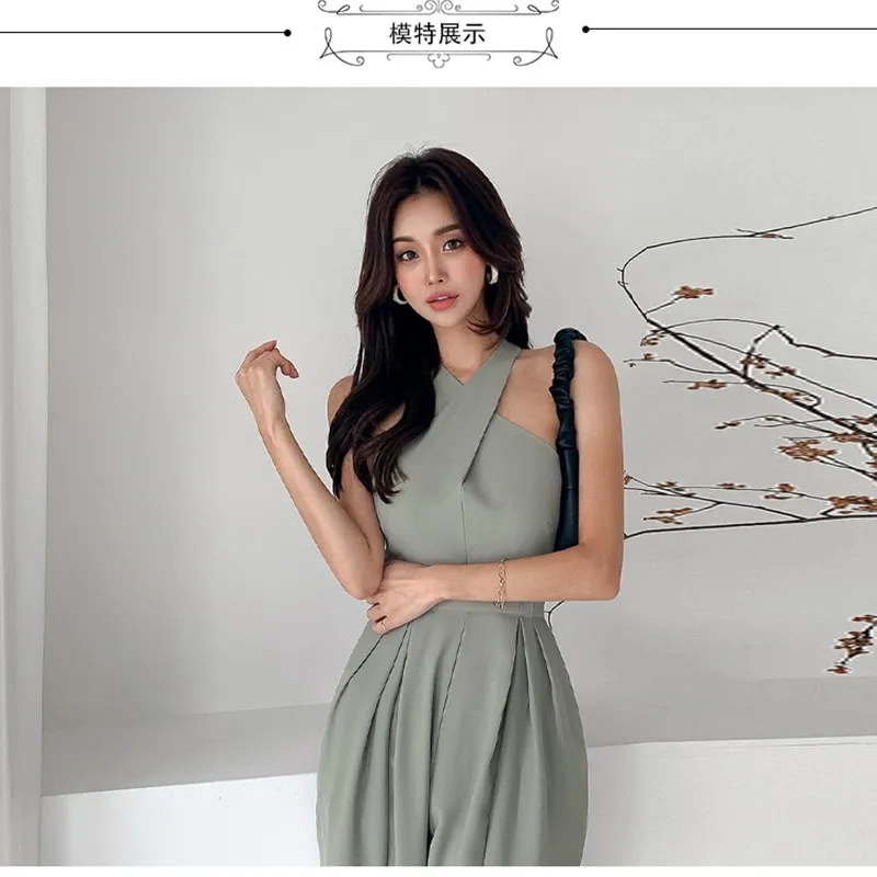 Summer Women Jumpsuit Solid Sleeveless Loose V-neck Full Length Elegant Halter Jumpsuits Spring Female Fashion Casual Streetwear