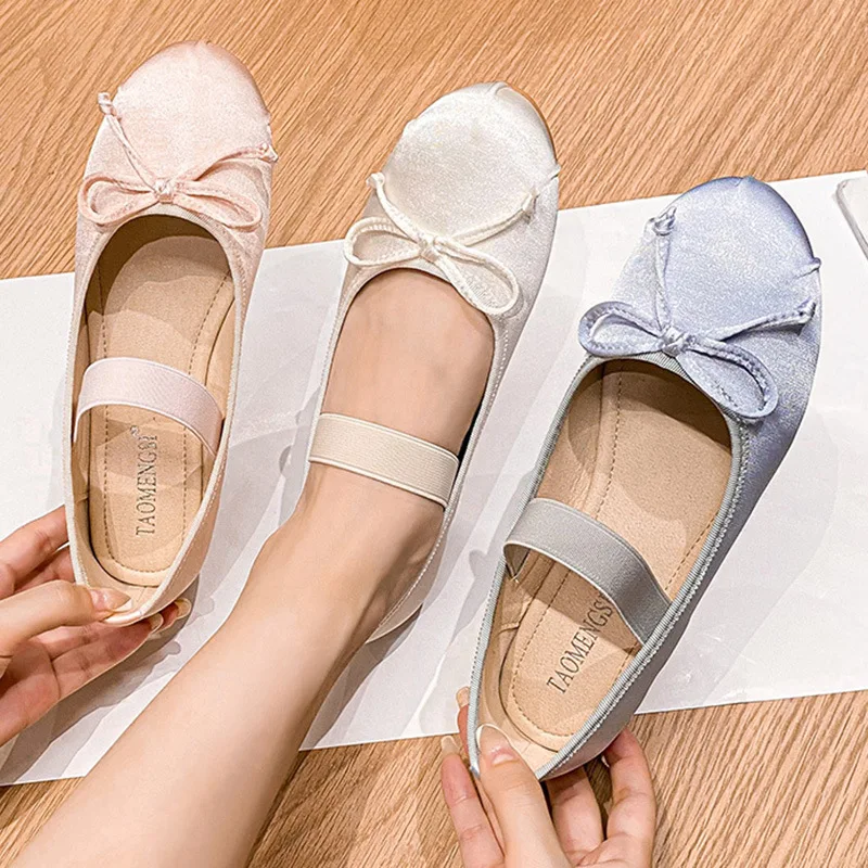 

Classic Silk Ballet Shoes Lace up Ballet Shoes Women Round Toe Bowtie Women Flats Elegant Valentine Shoes