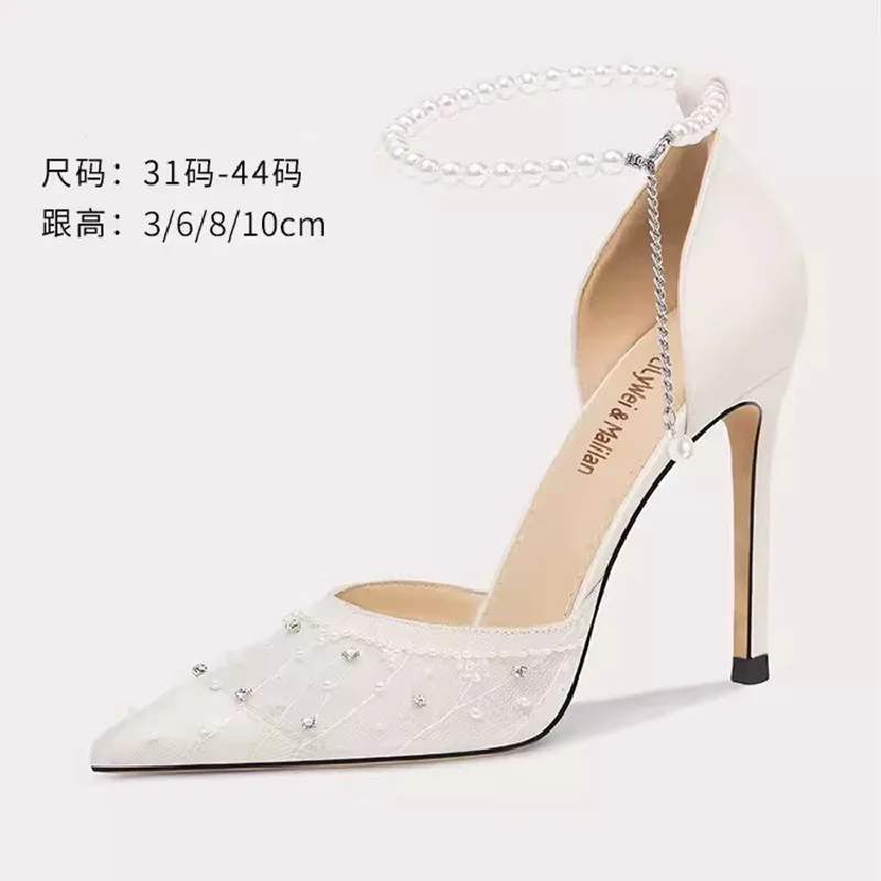 

Summer New Pointed Shallow Mouth Water Diamond Pearl Wedding Shoes Thin High Heel Party Dress Large and Small Women's Sandals