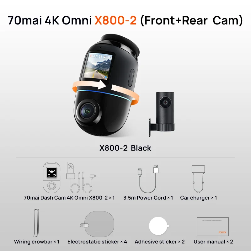 

Глобальная версия видеорегистратора 70mai 4K Omni X800 360 ° Вращающийся двухканальный HDR-совместимый суперконденсатор 4G 70mai X800 Omni