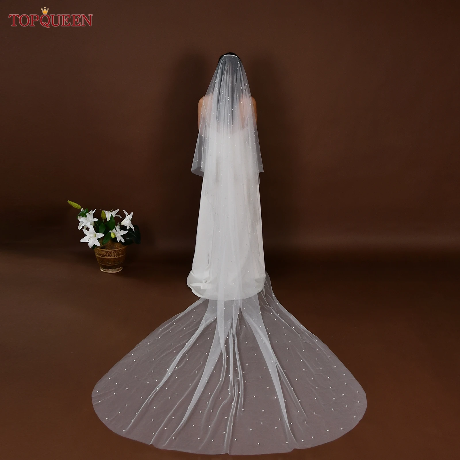 Фото TOPQUEEN V114 Жемчужная свадебная фата, двухслойные румяна Velo De Novias, свадебные аксессуары для собора, настраиваемые №3