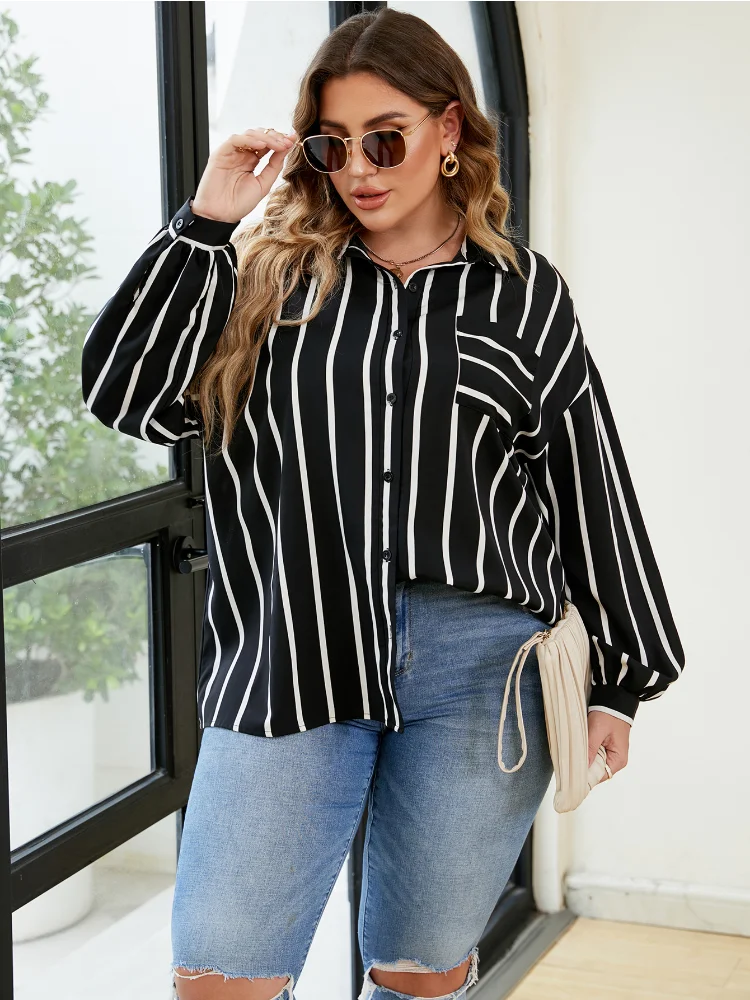 Oversized Temperament Commuter Loose  Polo Striped Shirt plus size blouse  roupas femininas tops for women